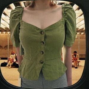 Aritzia Wilfred Janine Linen Prairie Moss Green Puff Sleeve Button-Front Top
